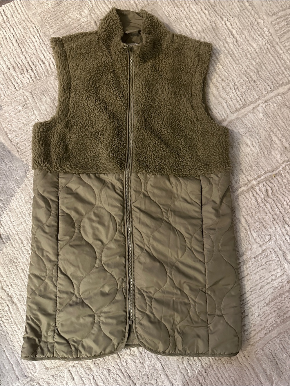 Olive Green Quilted & Sherpa Vest Zip Front